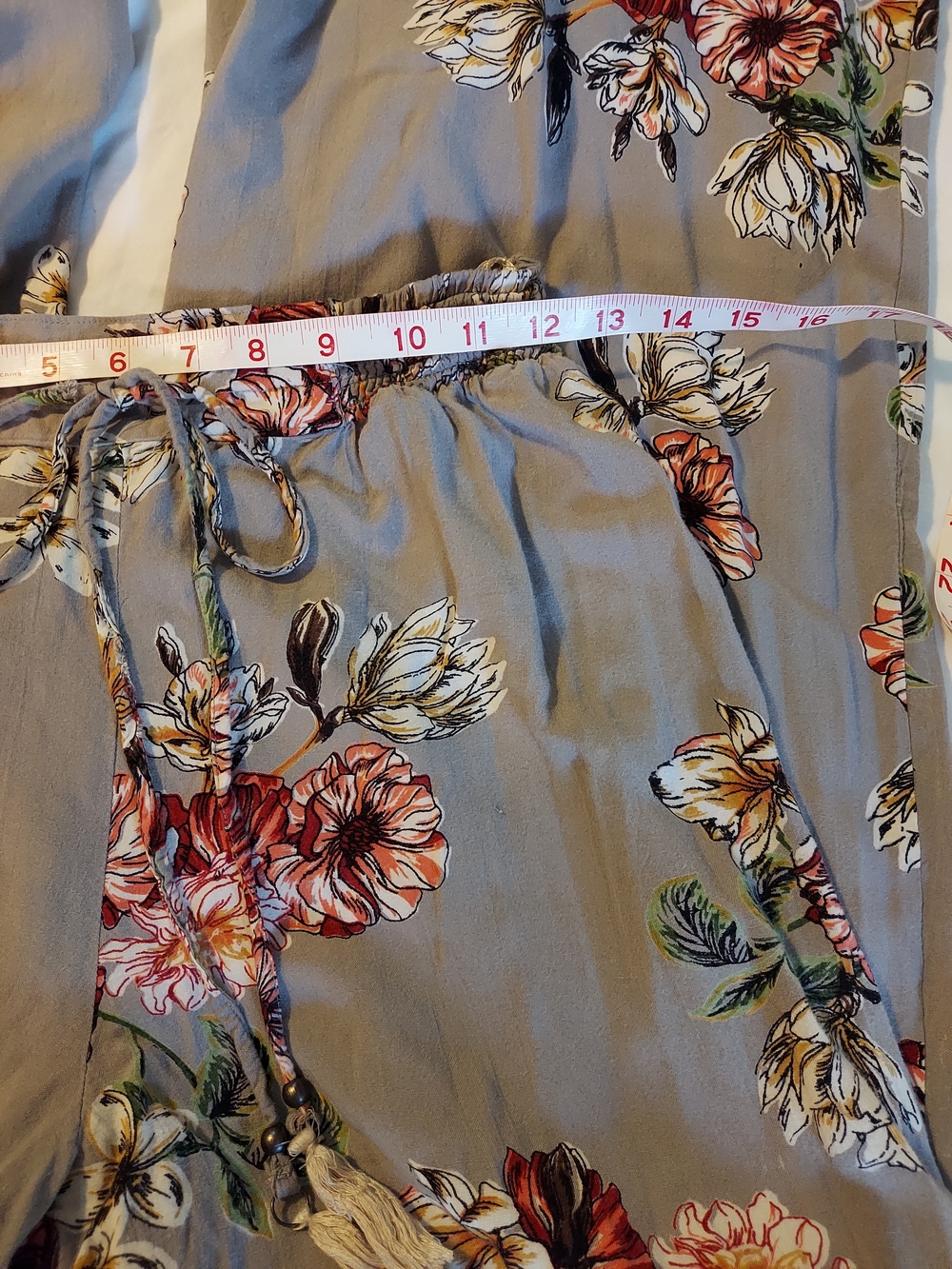 Angie Boho Wide Leg Floral Pants in Taupe with Pink & Green Accents - Picture 4 of 9